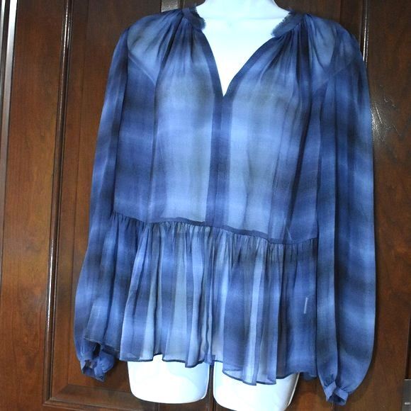 Rebecca Taylor Plaid Silk Blouse Size 4 Long Sleeve Sheer V-neck New - Picture 5 of 15